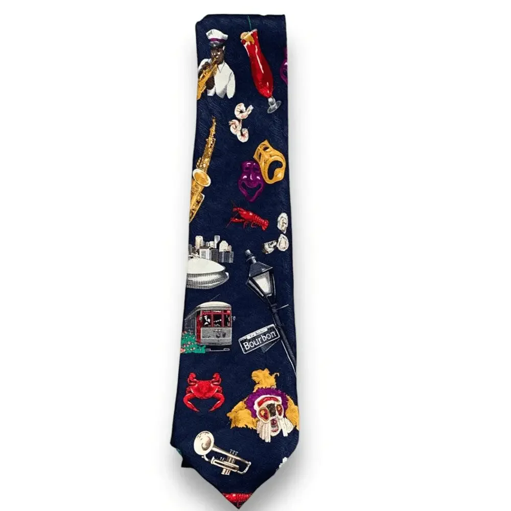 Vintage New Orleans Jazz Music Mardi Gras Silk Tie Navy Novelty Print Travel